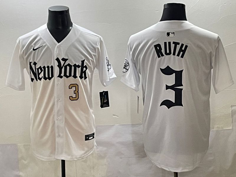 Men 2025 New York Yankees #3 Ruth White Five generations Joint Name Nike MLB Jersey style 34
